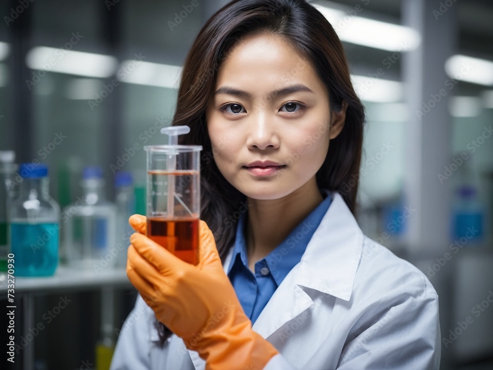 Asian female scientist holding a test tube with a solution in gloves in a research lab or doing chemical experiments Asian female scientist holding a test tube with a solution in gloves in a research lab or doing chemical experiments
