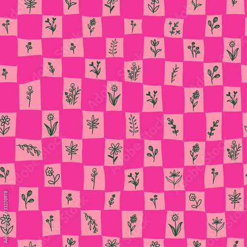 Pink check pattern with botanical seamless repeat pattern. Hand drawn, vector flowers, leaves, herbs, branches grid aop all over surface print.