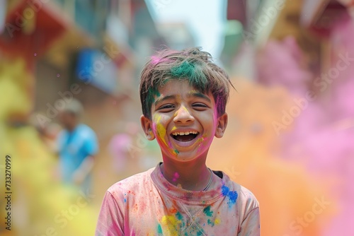 Holi Festival. , a vibrant landscape exploding with colors as people celebrate Holi, emphasizing the joy, unity, and inclusiveness of the festival.
