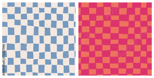 Set of irregular colorful check seamless repeat pattern. Vector, rectangled geometric shapes, grid aop all over surface print in blue white and orange pink.