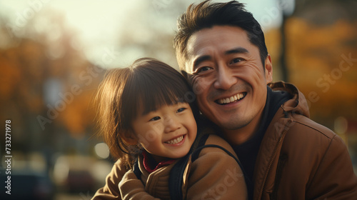 Cheerful girl smiling and embracing anonymous father while having happy childhood and spending time in countryside on sunny day