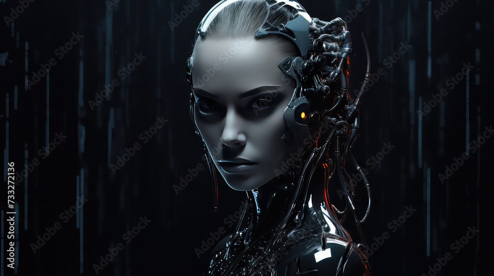 Woman looking robot portrait beautiful cyborg dark background AI generated