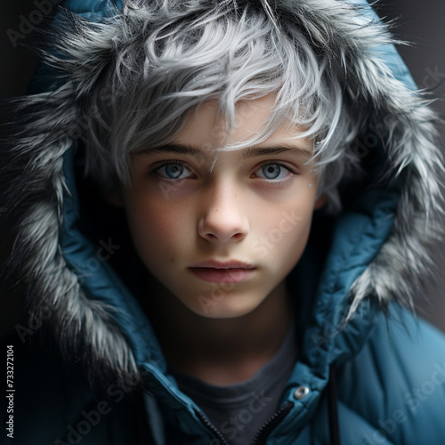 Kid wearing blue faux fur trapper hat and scarf on background photo