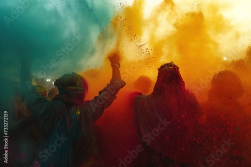 Holi Festival. , a vibrant landscape exploding with colors as people celebrate Holi, emphasizing the joy, unity, and inclusiveness of the festival.