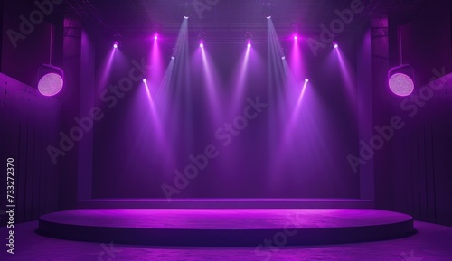Colorful Stage Lights with Sparkling Stars. Bright stage lights beaming across a purple backdrop with sparkling stars, creating a festive atmosphere.