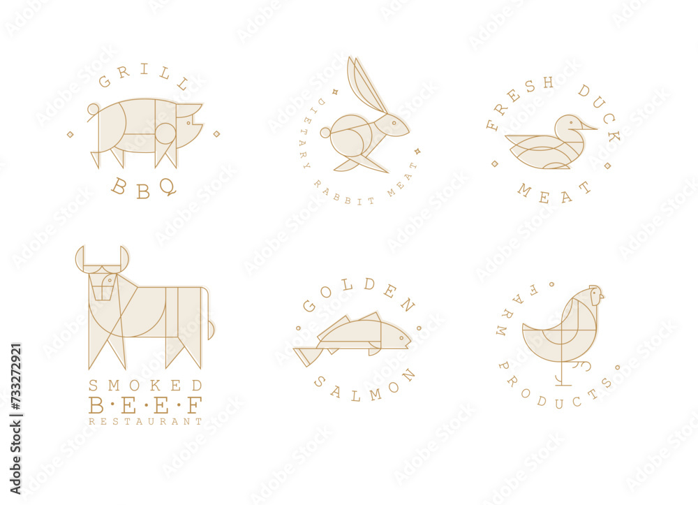 Animal labels in art deco linear style with lettering grill bbq, fresh meat, smoked beef restaurant, golden salmon, farm products drawing on light background
