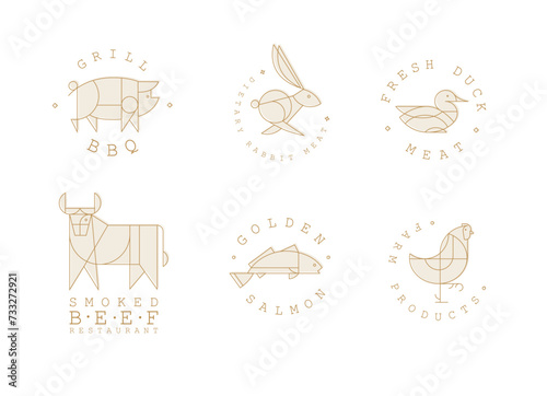 Animal labels in art deco linear style with lettering grill bbq, fresh meat, smoked beef restaurant, golden salmon, farm products drawing on light background