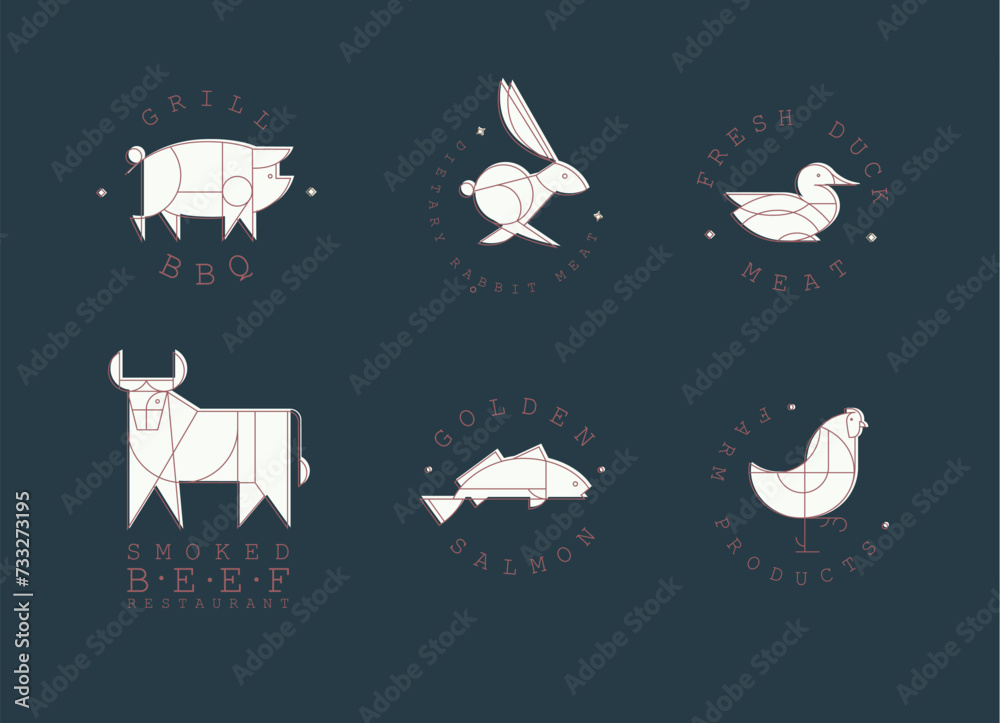 Animal labels in art deco linear style with lettering grill bbq, fresh meat, smoked beef restaurant, golden salmon, farm products drawing on blue background