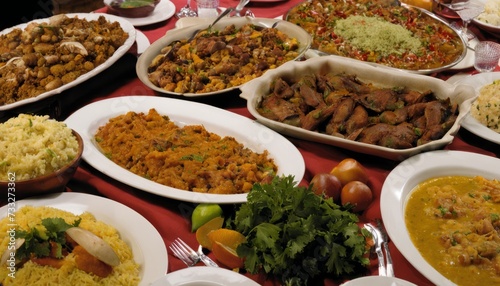 A table full of various foods, including rice and meat