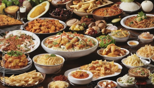 A table full of various foods, including fries, rice, and broccoli