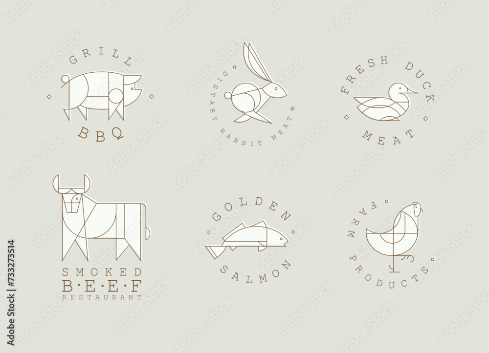 Animal labels in art deco linear style with lettering grill bbq, fresh meat, smoked beef restaurant, golden salmon, farm products drawing on beige background