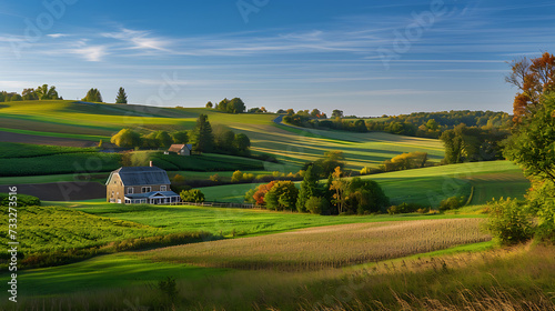 A serene countryside scene featuring a charming farmhouse nestled amidst a picturesque farm landscape © DigitaArt.Creative