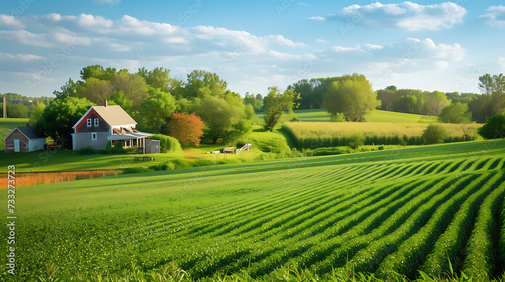 A serene countryside scene featuring a charming farmhouse nestled amidst a picturesque farm landscape A serene countryside scene featuring a charming farmhouse nestled amidst a picturesque farm landscape