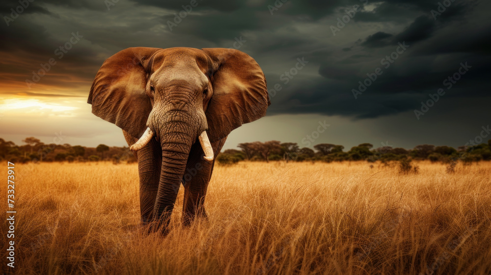 Big elephant in savannah, stormy dramatic sky, yellow sunset light
