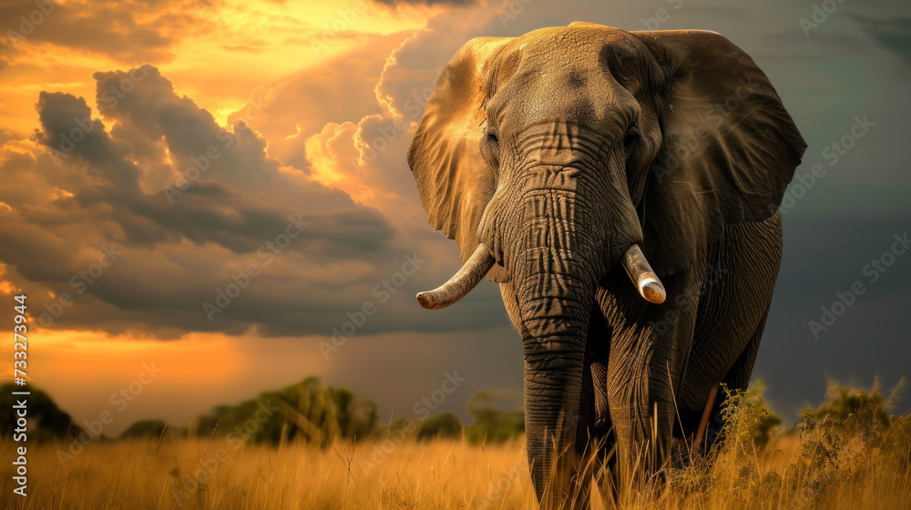 Fototapeta premium Big elephant in savannah, stormy dramatic sky, sunset light