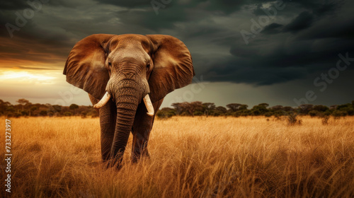 Big elephant in savannah, stormy dramatic sky, yellow sunset light
