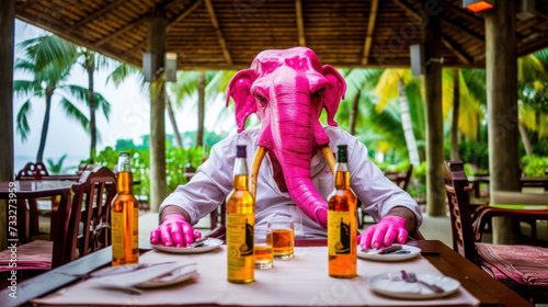 Man drank too much on vacation and got alcoholic psychosis, heavy binge drinking concept photo