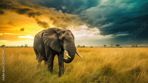 Big elephant in savannah, stormy dramatic sky, sunset light