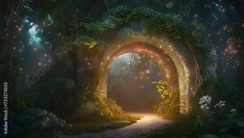 arch in an enchanted fairy forest landscape. Created with Generative AI. photo