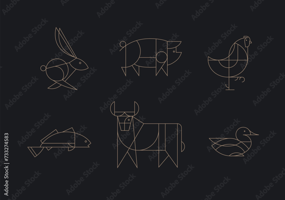 Animals rabbit, pig, chicken, fish, cow, duck drawing in art deco linear style on black background