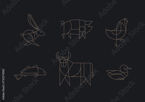 Obraz na płótnie Animals rabbit, pig, chicken, fish, cow, duck drawing in art deco linear style on black background w salonie