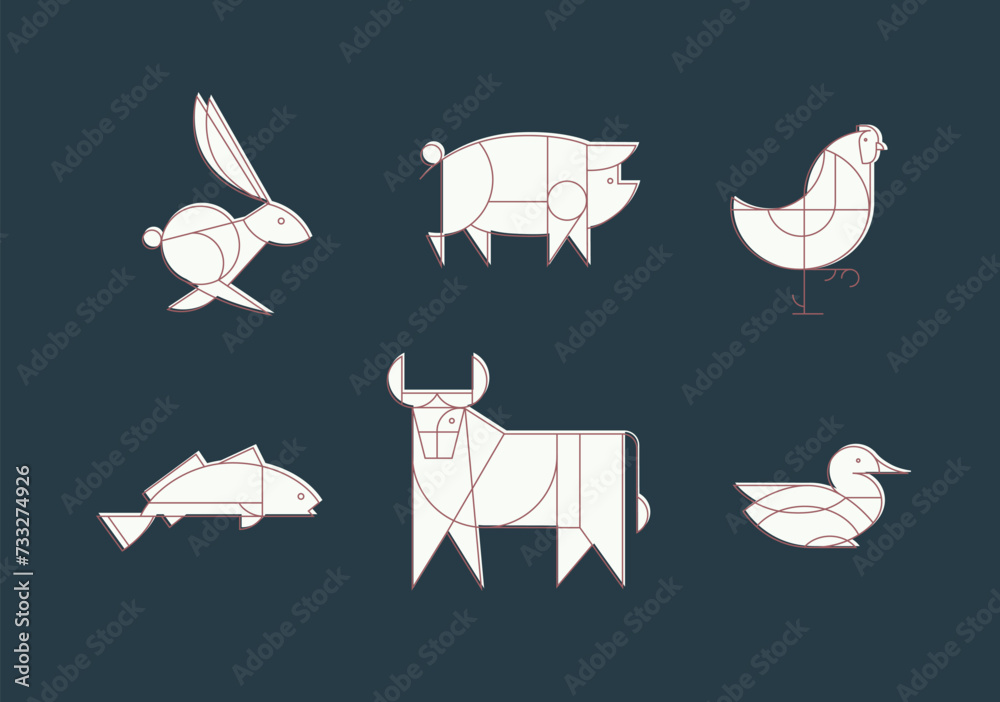 Animals rabbit, pig, chicken, fish, cow, duck drawing in art deco linear style on blue background