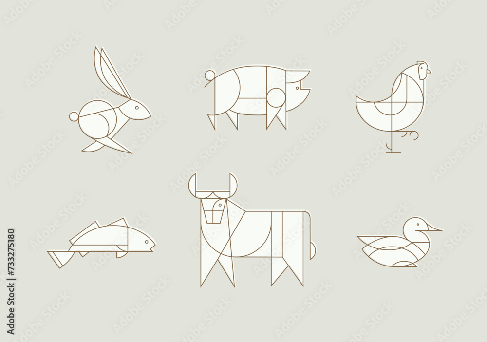 Animals rabbit, pig, chicken, fish, cow, duck drawing in art deco linear style on beige background