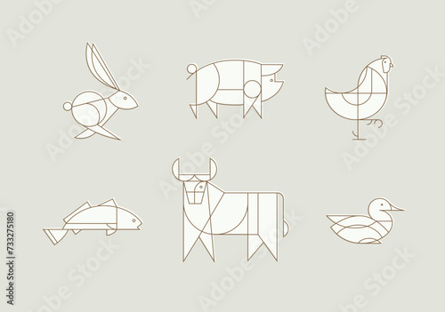 Obraz na płótnie Animals rabbit, pig, chicken, fish, cow, duck drawing in art deco linear style on beige background w salonie