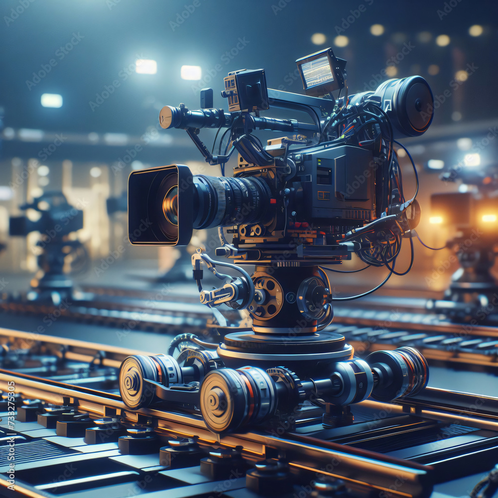 Professional film camera rigs on camera tracks in broadcast television studio