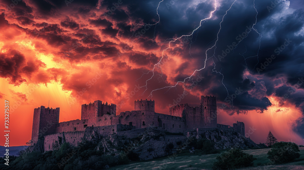 Ruins of a medieval castle, dramatic light, thunderstorm
