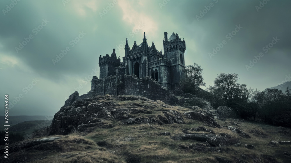 Old haunted castle on top of a cliff