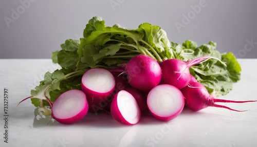 A bunch of radishes with green leaves on a white counter