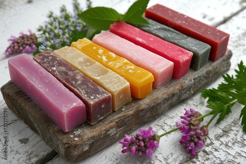 A set of colorful, fragrant soaps arranged beautifully, enhancing the bathroom atmosphere with cleanliness and charm. photo
