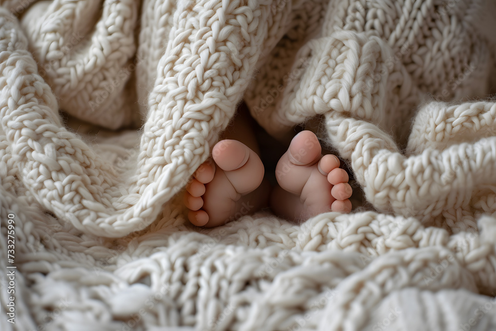 Cute baby feet peeking under a woolen blanket Cute baby feet peeking under a woolen blanket