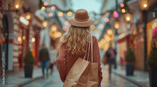 Modern happy Female lifestyle fashion portrait. beautiful attractive young woman girl enjoy stylish walk with shopping bag packages on the street, trendy outfit on shopping mall, browse product