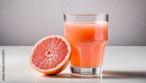 A glass of juice and a grapefruit slice on a table