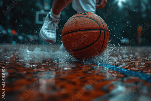 Close-up of a determined basketball player dribbling the ball with focus and precision on the court © yuliachupina