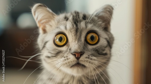 surprised cat make big eyes. American shorthair surprised cat or kitten funny face big eyes, cute, domestic, kitten, feline, Emotional surprised, kitty, wow © pinkrabbit