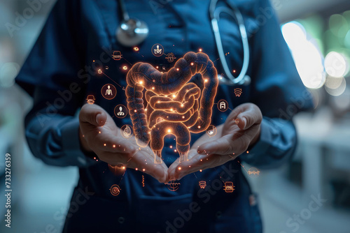 Doctor with bowel and different icons on virtual screen against color background photo