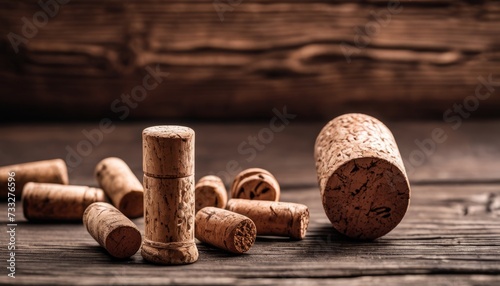 A pile of corks on a wooden table
