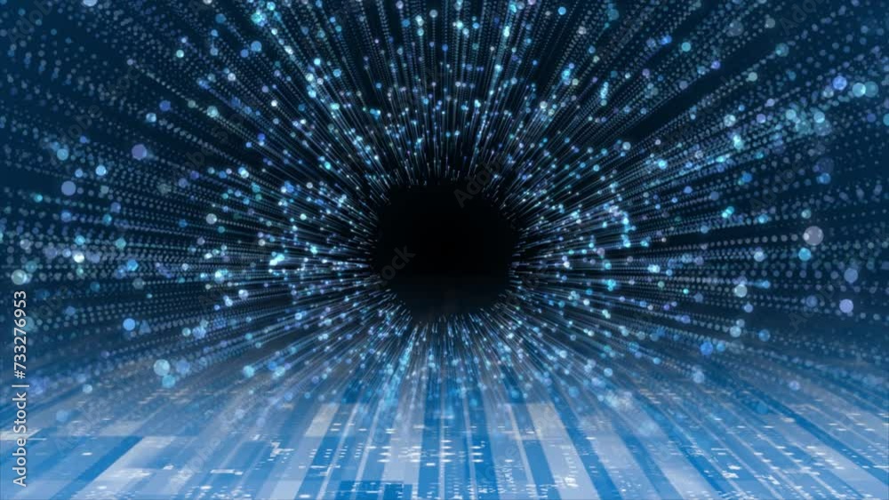 Royal blue color glitter particles technology background, sci-fi tunnel in dark cyber space 