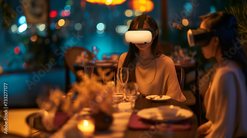 A woman sitting at the dining table wearing virtual reality glasses.