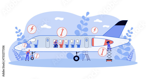 Airplane cross section with wrench icons showing places to repair. Vector illustration. Servicemen inspecting unsafe aircraft to find violations in construction. Servicing aircrafts concept