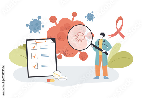 Doctor with huge magnifying glass looking at cancer cell vector illustration. Checklist, pills and pink ribbon as cancer awareness symbol. Effective methods of destruction of cancer cells