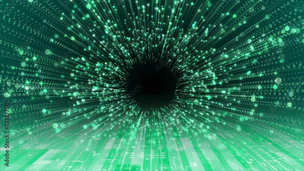 Turquoise color glitter particles technology background, sci-fi tunnel in dark cyber space 