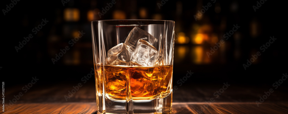 Whiskey glass with ice on wooden table in bar, dark background Whiskey glass with ice on wooden table in bar, dark background