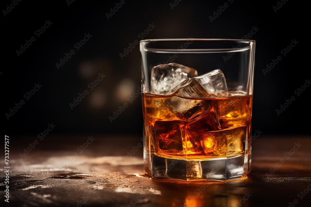 Whiskey glass with ice on wooden table in bar, dark background Whiskey glass with ice on wooden table in bar, dark background