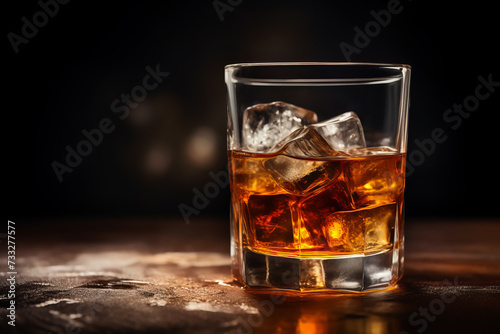 Whiskey glass with ice on wooden table in bar, dark background