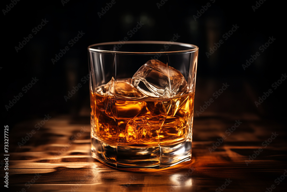 Whiskey glass with ice on wooden table in bar, dark background Whiskey glass with ice on wooden table in bar, dark background