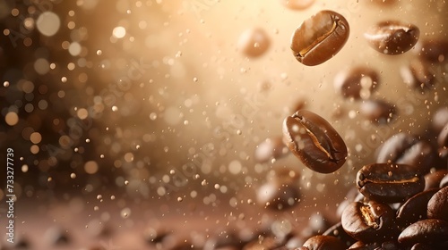 Close-up of coffee beans mid-air against a warm  glowing background. freshness and aroma captured in flight. perfect for food and beverage marketing. AI